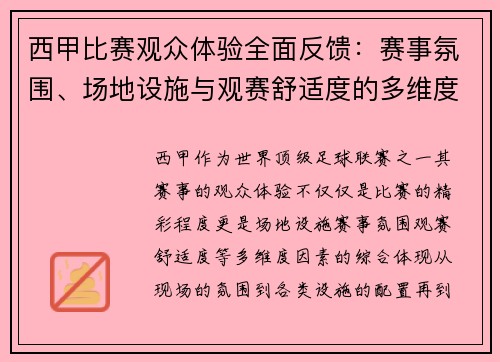 西甲比赛观众体验全面反馈：赛事氛围、场地设施与观赛舒适度的多维度分析